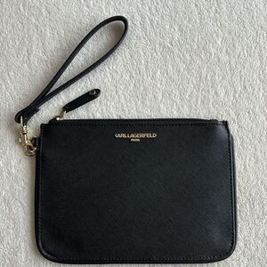 Karl Lagerfeld Paris Textured Black Faux Leather‎ Wristlet Gold Tone Logo
